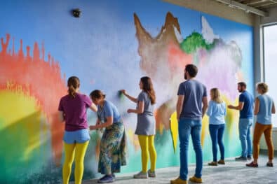 Participants à un séminaire qui peignent une fresque murale